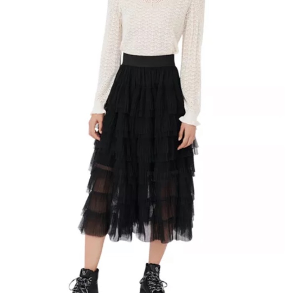 Maje Black Tiered Midi Skirt